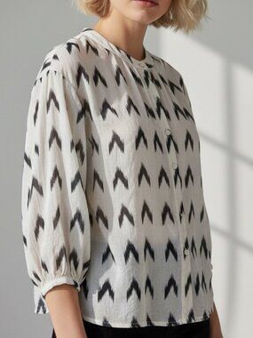 Elie Tahari Cotton Voile Ikat Print Blouse Black Cream Lightweight S